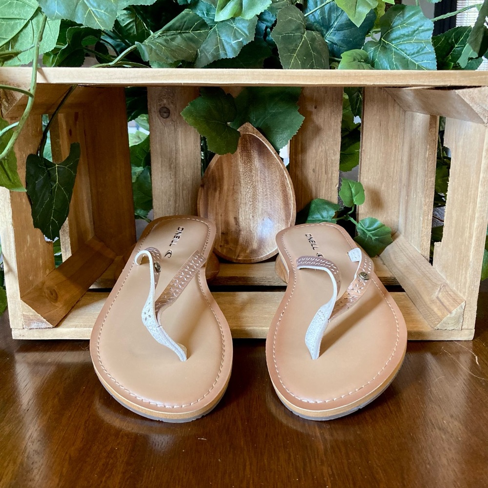 O’Neil Faux Leather & Gold Single Top Strap Slide on Sandals/Flip Flops